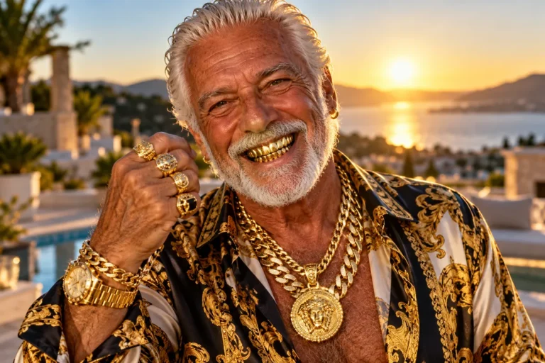 Portrait serré à contre-jour doré : un retraité d’environ 70 ans aux cheveux et à la barbe blancs, hilare, montre des dents en or ; il porte plusieurs grosses chaînes en or et un médaillon sur une chemise baroque noir et or, des bagues à chaque doigt, une montre et des bracelets en or, sur une terrasse ensoleillée au bord de la mer.