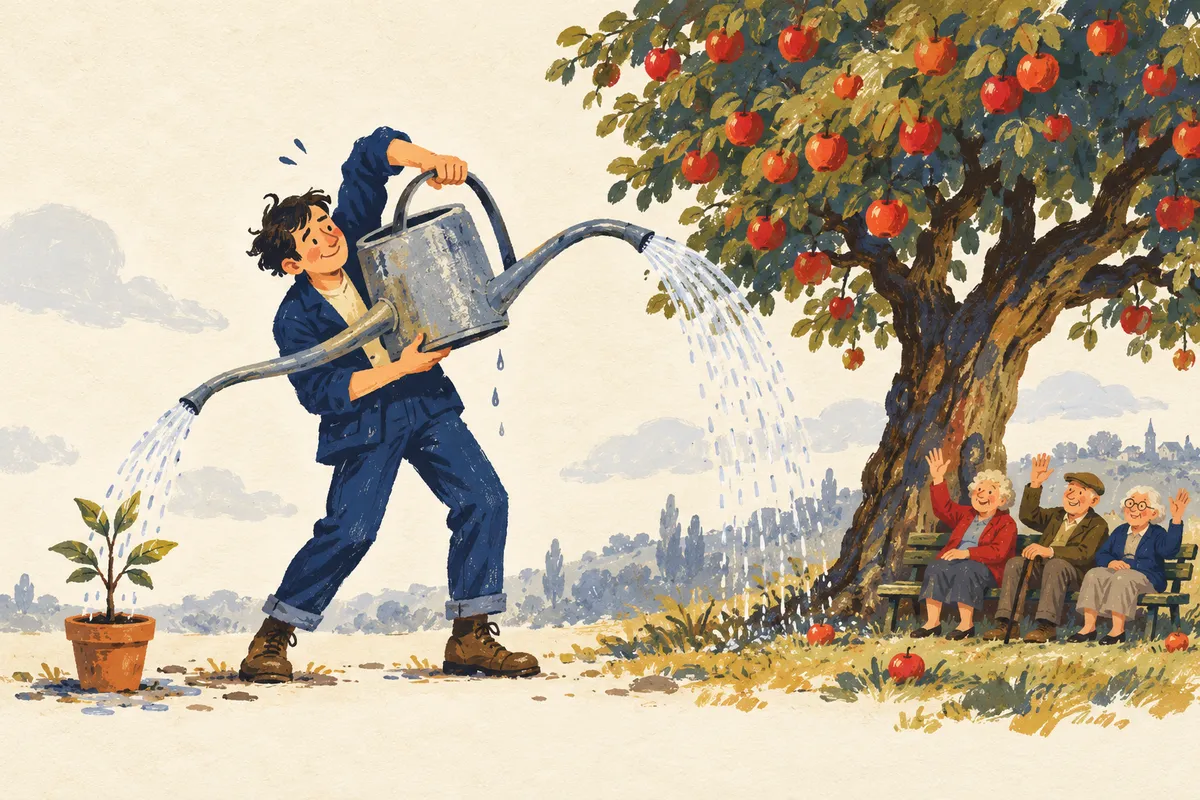 Illustration à la gouache : un jeune jardinier en veste bleu marine incline avec effort un grand arrosoir à deux becs ; un filet d’eau arrose un petit arbuste en pot, l’autre un vieux pommier chargé de pommes rouges sous lequel trois personnes âgées assises sur un banc font signe de la main.