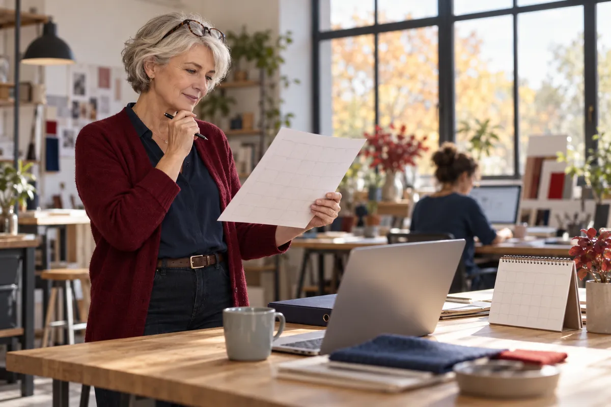Une femme d'environ 62 ans aux cheveux gris courts, lunettes relevées sur la tête et gilet bordeaux, debout à une table de travail dans un bureau lumineux, regarde un planning en réfléchissant, un stylo à la main.