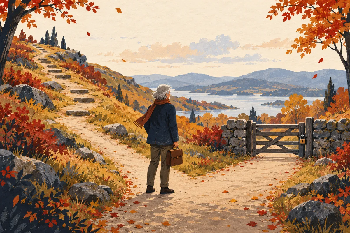 Illustration à la gouache : une personne aux cheveux gris, une sacoche à la main, s'arrête à un embranchement ; à gauche un sentier monte doucement sur une colline, à droite le chemin mène à une barrière en bois fermée par un cadenas, dans un paysage d'automne.