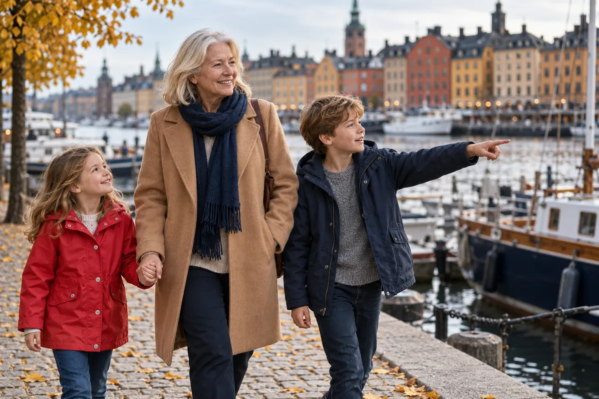 Une femme d'environ 70 ans aux cheveux blond blanc, manteau camel et écharpe bleu marine, se promène sur un quai pavé de Stockholm en automne en tenant la main d'une fillette en ciré rouge, tandis qu'un garçon montre les bateaux amarrés devant les façades colorées de la vieille ville.