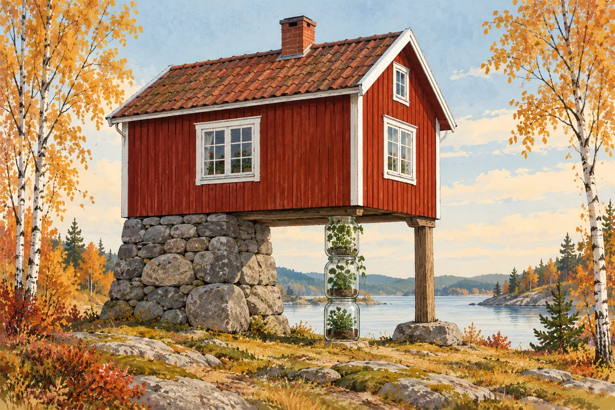 Illustration à la gouache : une petite maison suédoise en bois rouge posée sur trois appuis différents au bord d'un lac, à gauche un large socle de pierres, au milieu une colonne de bocaux en verre où poussent des plantes, à droite un poteau de bois calé sur un rocher, entre des bouleaux aux feuilles d'automne.