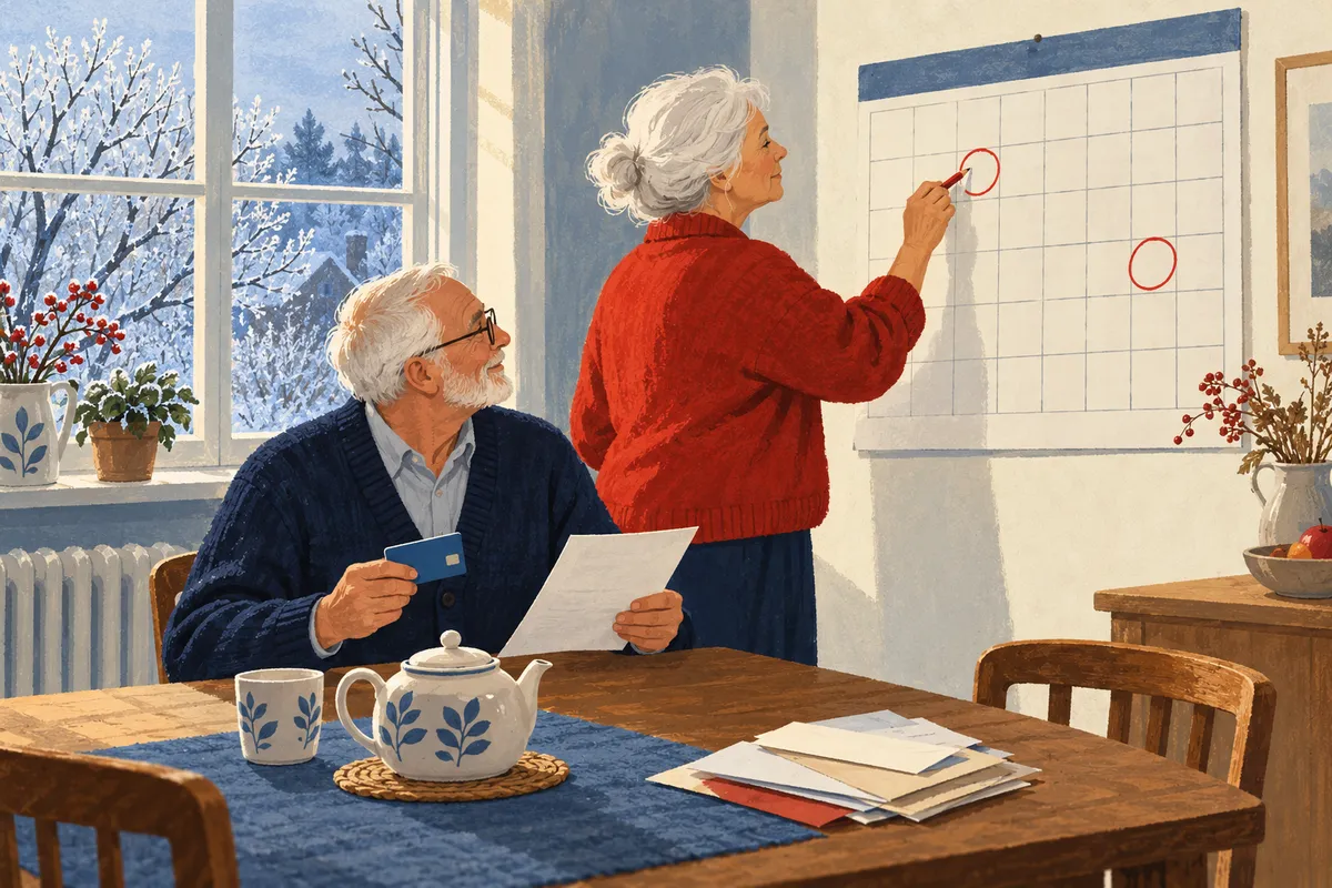 Illustration à la gouache : dans une cuisine d’hiver, une retraitée en pull rouge entoure deux cases d’un grand calendrier mural au crayon rouge, tandis que son mari assis à table, une carte bancaire et une feuille à la main, la regarde ; sur la table, une théière et des enveloppes.