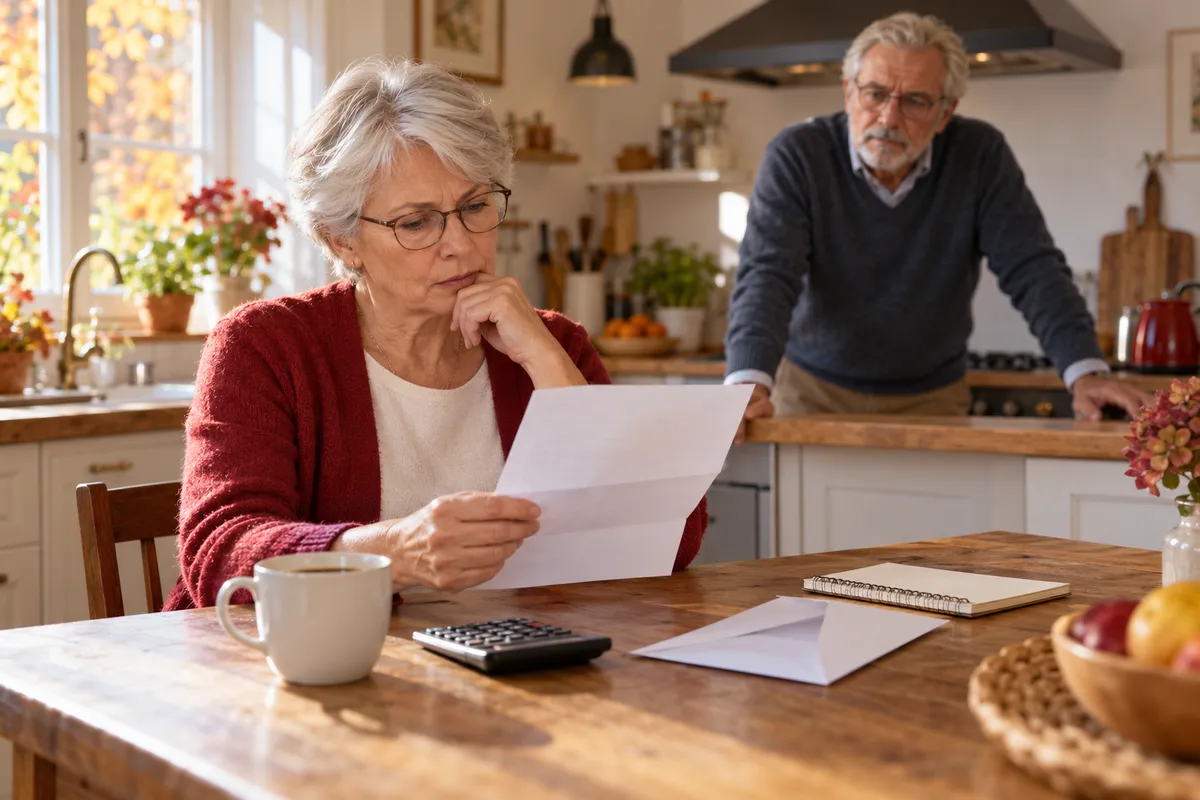 Une retraitée d'environ 70 ans, lunettes et gilet rouge, lit attentivement un courrier à la table de sa cuisine, près d'une calculatrice, sous le regard de son mari.