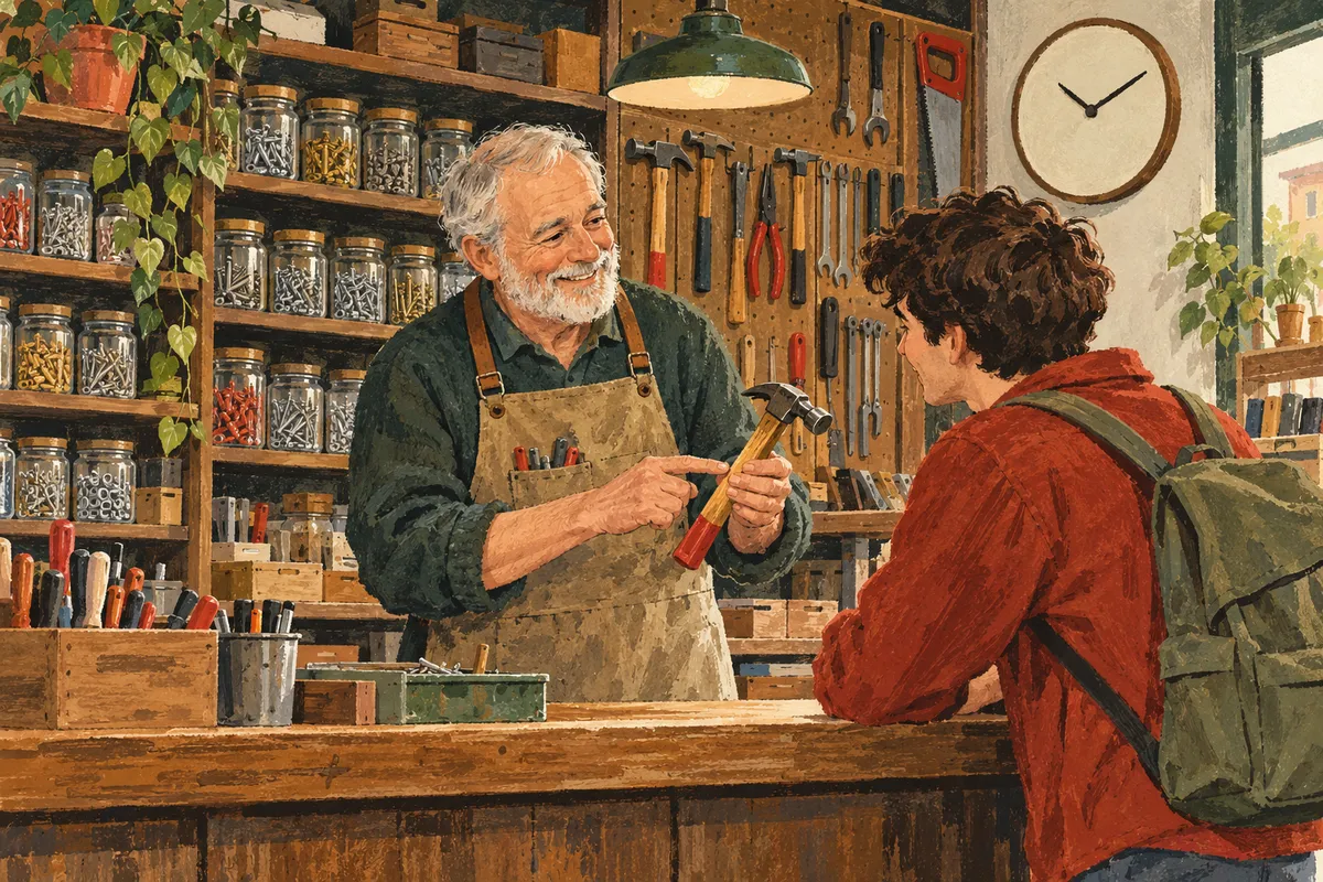 Illustration à la gouache : un homme d'environ 66 ans, barbe grise et tablier, conseille un jeune client derrière le comptoir d'une petite quincaillerie de quartier.