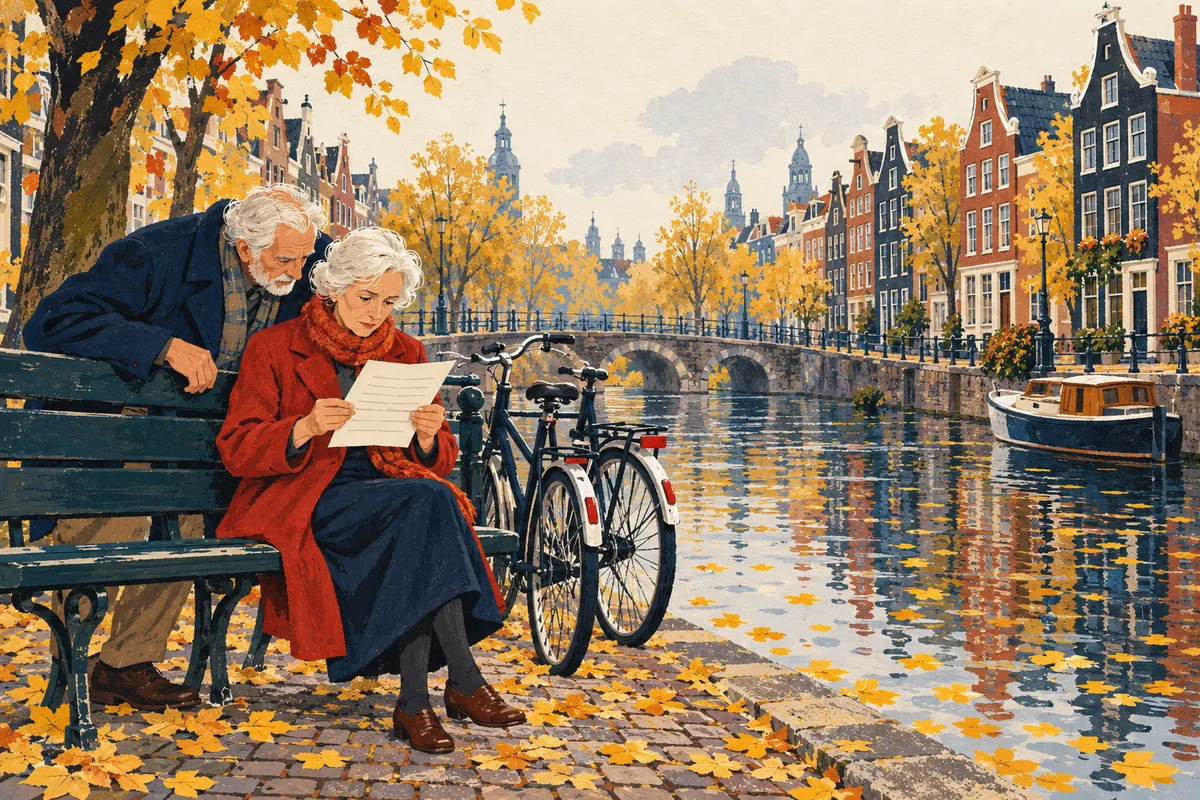 Illustration à la gouache : sur un banc au bord d’un canal d’Amsterdam bordé de maisons à pignons, une retraitée aux cheveux blancs en manteau rouge lit une lettre pendant que son mari, en manteau bleu marine, se penche par-dessus son épaule ; deux vélos sont garés à côté, des feuilles jaunes flottent sur l’eau.