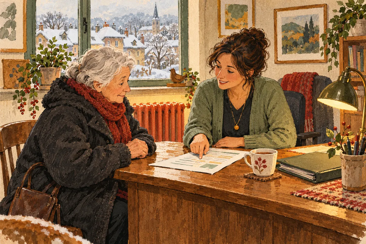 Illustration à la gouache : dans un bureau chaleureux, une retraitée en manteau et une conseillère souriante, assises de part et d'autre d'un bureau en bois, regardent ensemble une feuille ; une tasse de thé, une lampe et un radiateur sous une fenêtre donnant sur des toits enneigés.