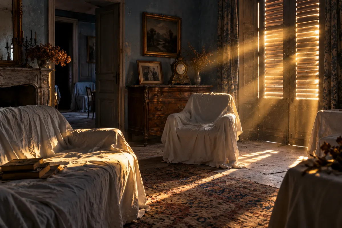 Dans une maison de campagne fermée, des meubles couverts de draps blancs, traversés par les rais de soleil qui passent entre les volets clos.
