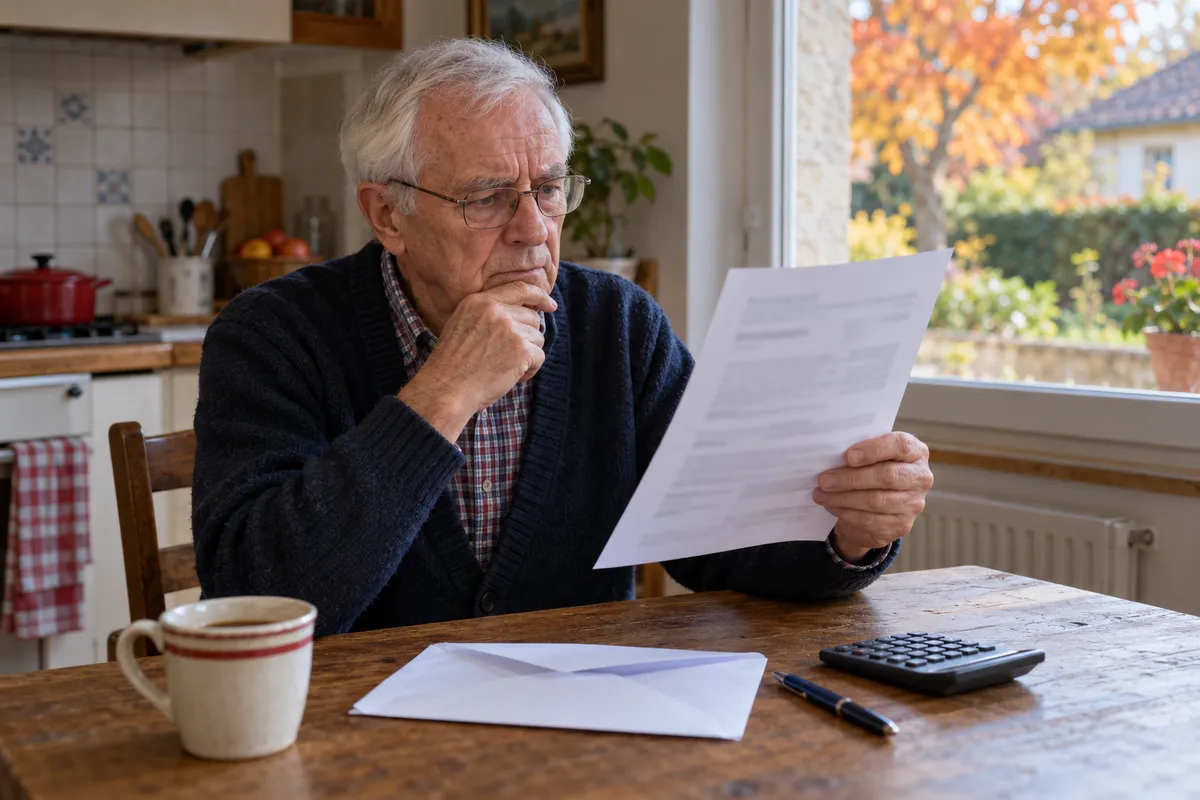Un homme d'environ 78 ans aux cheveux blancs, lunettes et gilet bleu marine, assis à la table de sa cuisine, lit attentivement un courrier, une enveloppe ouverte, une calculatrice et une tasse posées devant lui ; un jardin d'automne derrière la fenêtre.