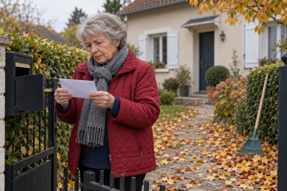 Une femme d'environ 80 ans aux cheveux gris courts, veste rouge matelassée et écharpe grise, tient une enveloppe devant sa boîte aux lettres ouverte, au portail d'une maison individuelle aux volets blancs, sur une allée couverte de feuilles d'automne.
