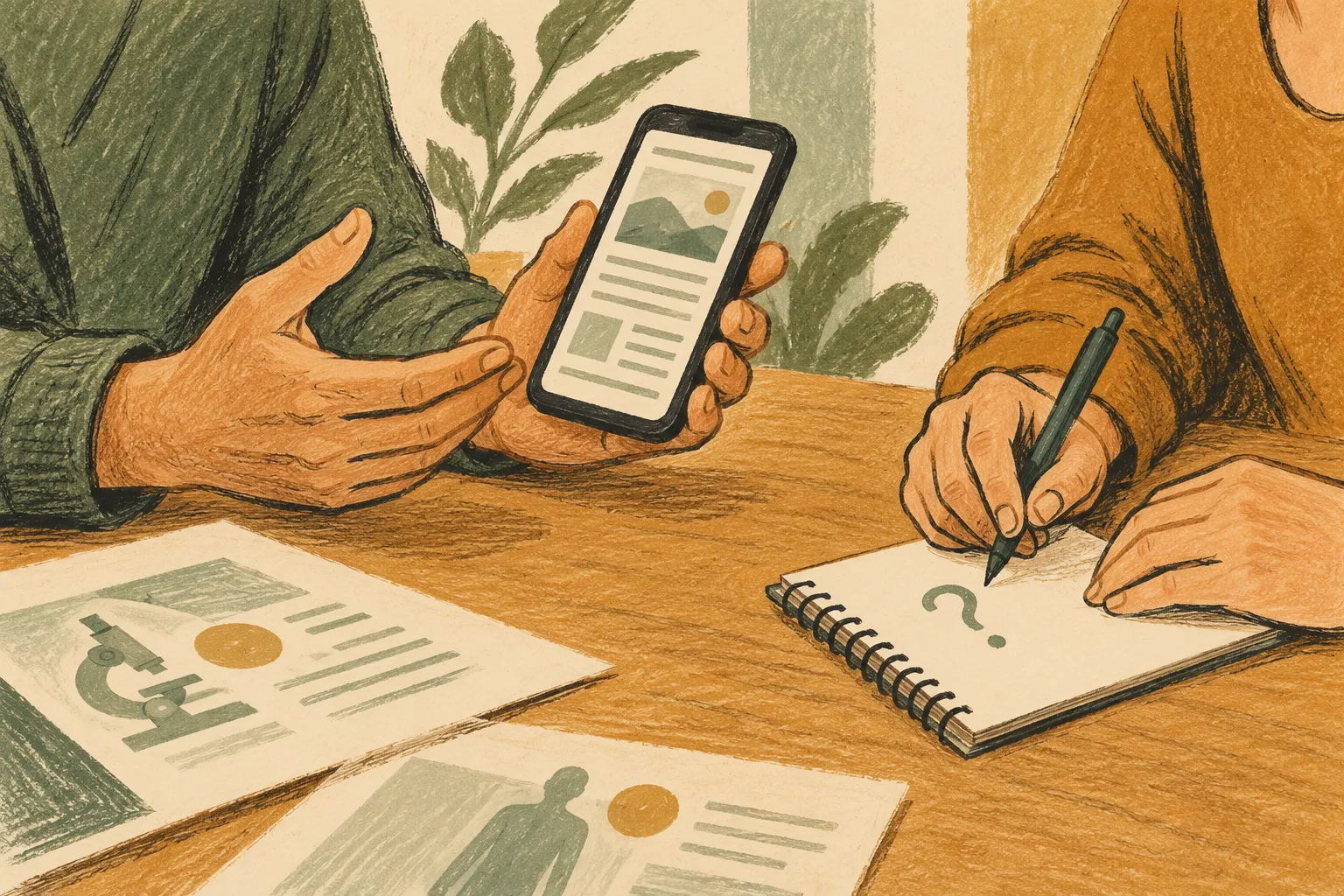 Dessin de mains autour d’un téléphone et d’un carnet lors d’un échange sur une information de santé.